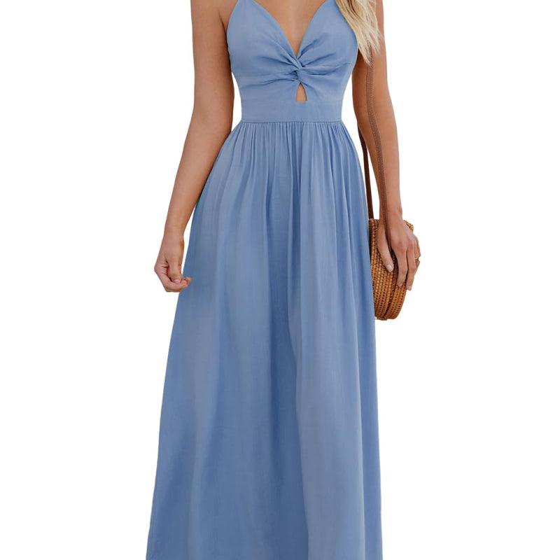 CUPSHE Damen Sommerkleid Boho V Ausschnitt Ärmellos Standkleid Twist Front Freizeitkleider Urlaub Maxi Dress