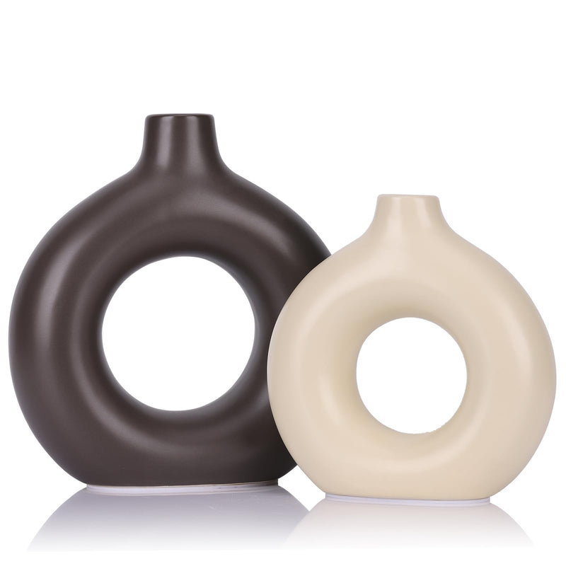 Donut Vases, Circular Matte Ceramic Vase for Entryway, Living Room, Bedroom, Dining Table, Table Decor, Office, Home Decor, Black, Set of 2