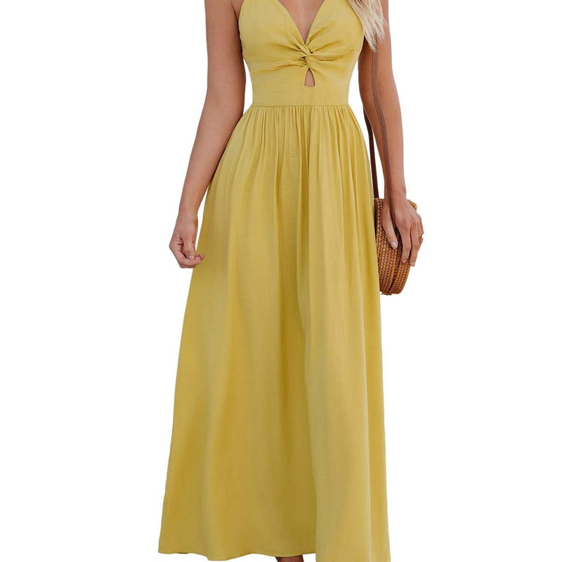 CUPSHE Damen Sommerkleid Boho V Ausschnitt Ärmellos Standkleid Twist Front Freizeitkleider Urlaub Maxi Dress