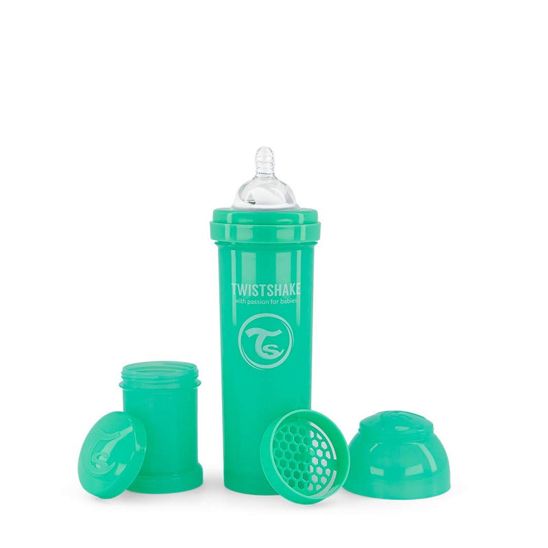 Twistshake Anti-colic Baby Bottle with Milk Powder Container and Mixer - 330 ml | Silicone Nipple with Fast Flow | BPA-Free | Suitable for Babies from 4 Months | Pink