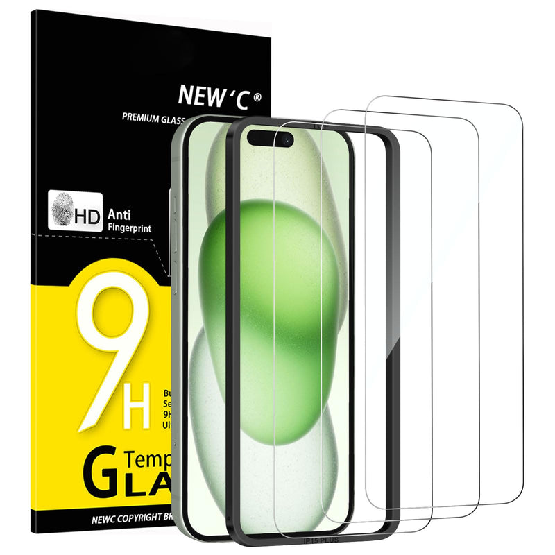 NEW'C Pack of 3 for iPhone 16, iPhone 15 for tempered glass (6.1 inches), free from scratches, 9H hardness, HD screen protector, ultra clear, ultra-resistant, easy installation tool included