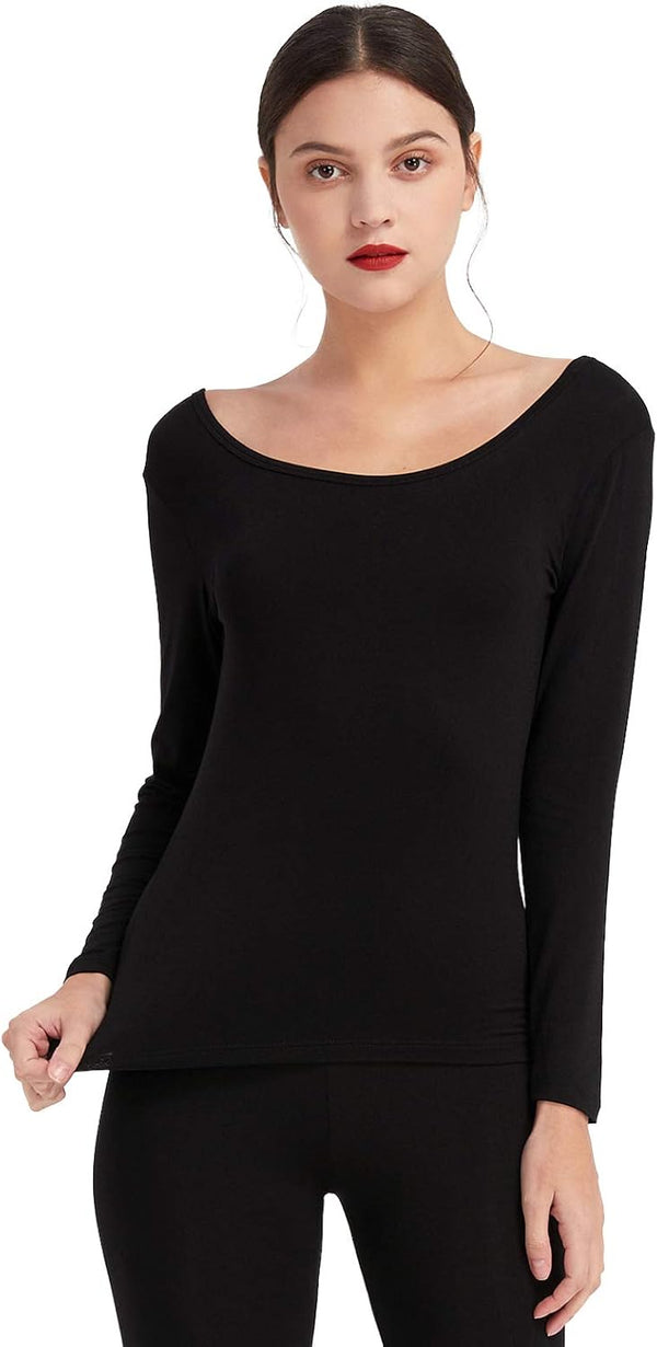 Mcilia Women's Ultra Thin Thermal Base Layer Modal Shirt with Deep Crew Neck