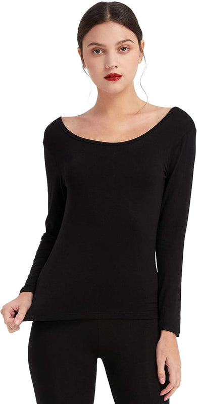 Mcilia Women's Ultra Thin Thermal Base Layer Modal Shirt with Deep Crew Neck