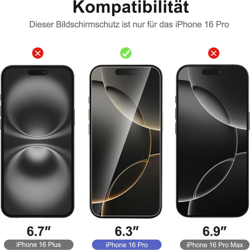 NEW'C Tempered Glass Screen Protector for iPhone 16 Pro, 6.3 Inch (2 Pieces) and 2 x Camera Armoured Protection for Camera Protection (Pack of 2), Scratch-Resistant, Extremely Durable, 9H Hardness