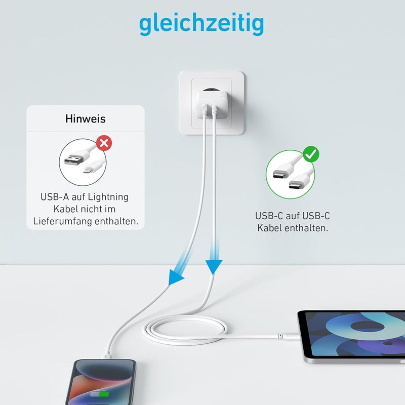 Anker 20 W USB C Charger, iPad Power Supply, USB Fast Charging Power Supply, iPad Charger, Compatible with iPhone 16/15/iPhone 15 Plus/iPhone 15 Pro/iPhone 15 Pro Max/iPad and More (with 150 cm USB-C