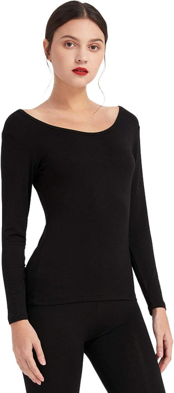 Mcilia Women's Ultra Thin Thermal Base Layer Modal Shirt with Deep Crew Neck