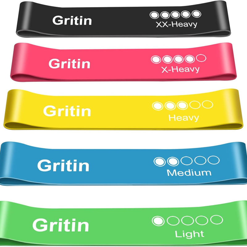 Gritin Fitness Bands [Set of 5] Resistance Bands with 5 Levels, 100% Latex Fitness Band Resistance with German Exercise Instructions and Carry Bag, Gymnastics Band for Muscle Building, Yoga