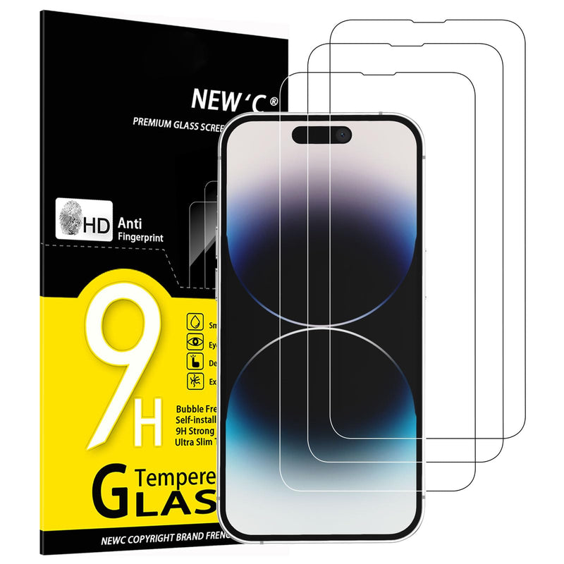 NEW'C Pack of 3 for iPhone 16, iPhone 15 for tempered glass (6.1 inches), free from scratches, 9H hardness, HD screen protector, ultra clear, ultra-resistant, easy installation tool included