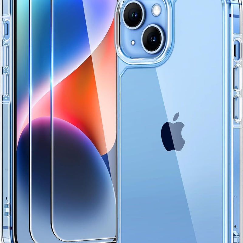 TAURI 3 in 1 for iPhone 16 Case 6.1 Inch with 2 Pieces Tempered Glass Screen Protector, Military Standard Protection, [Anti-Yellowing] Shockproof Transparent Mobile Phone Case - Transparent