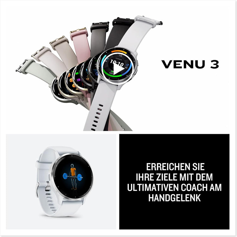 Garmin Venu 3 GPS Fitness Smartwatch with Bluetooth Telephony and Voice Assistance, Ultra Sharp 1.4/1.2 Inch AMOLED Touch Display, Fitness Functions, Music, Pay and Wheelchair Mode