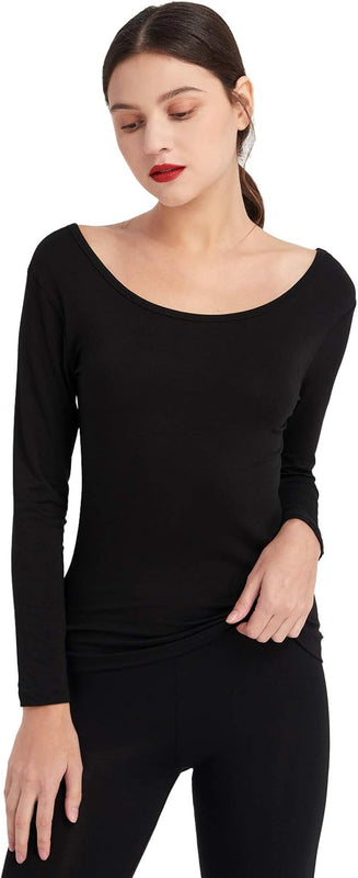 Mcilia Women's Ultra Thin Thermal Base Layer Modal Shirt with Deep Crew Neck