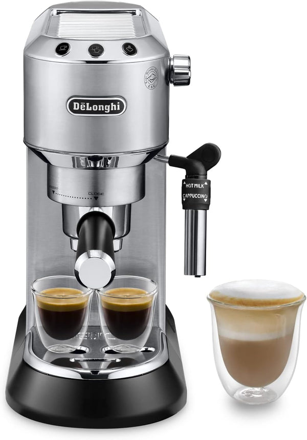 De'Longhi Dedica Style EC 685.M – Espresso Siebträgermaschine, Espressomaschine mit professionellem Milchaufschäumer, nur 15 cm breit, für Kaffeepulver oder ESE Pads, 1 l Wassertank, silber