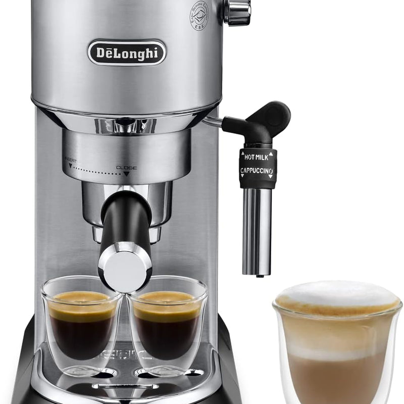 De'Longhi Dedica Style EC 685.M – Espresso Siebträgermaschine, Espressomaschine mit professionellem Milchaufschäumer, nur 15 cm breit, für Kaffeepulver oder ESE Pads, 1 l Wassertank, silber