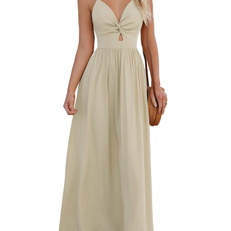 CUPSHE Damen Sommerkleid Boho V Ausschnitt Ärmellos Standkleid Twist Front Freizeitkleider Urlaub Maxi Dress