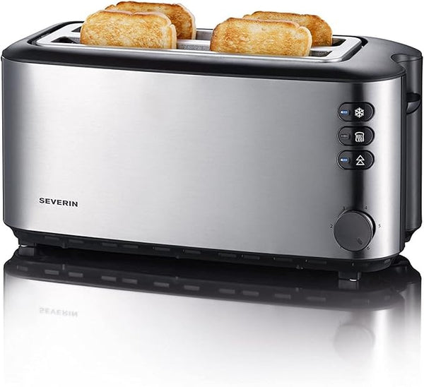 SEVERIN Automatic Long Slot Toaster, with Bun Attachment, High-Quality Stainless Steel Toaster with Large Roasting Chambers and 1400 W Power, Brushed Stainless Steel/Black, AT 2509 [Energy Class B]
