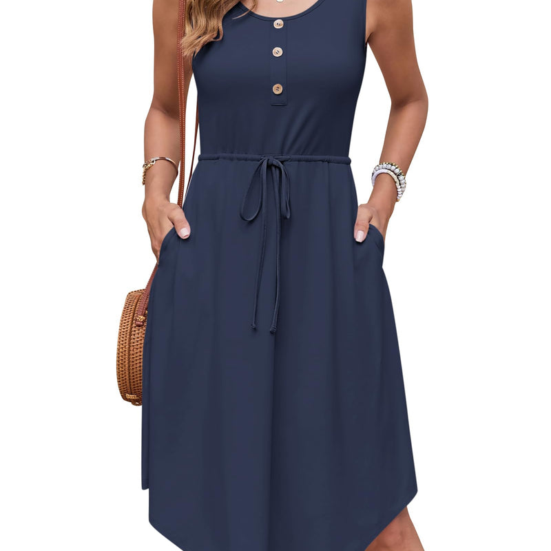 AUSELILY Summer Dresses Women's Lightweight Sleeveless Drawstring High Waist Beach Dresses Knee-Length Button-Down Midi Dress Tunic Dress Elegant Casual Dress with Pockets