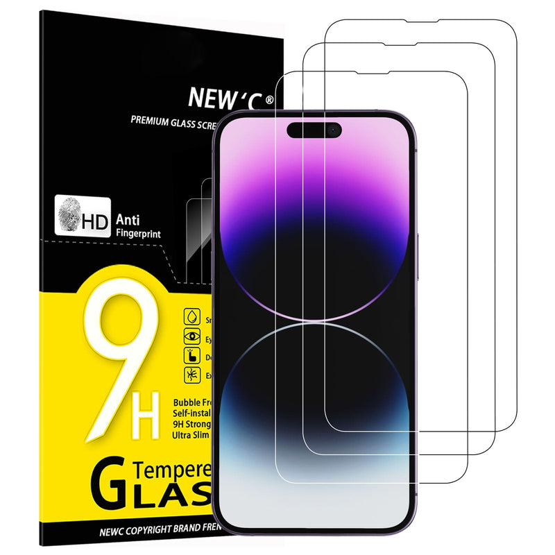NEW'C Pack of 3 for iPhone 16, iPhone 15 for tempered glass (6.1 inches), free from scratches, 9H hardness, HD screen protector, ultra clear, ultra-resistant, easy installation tool included