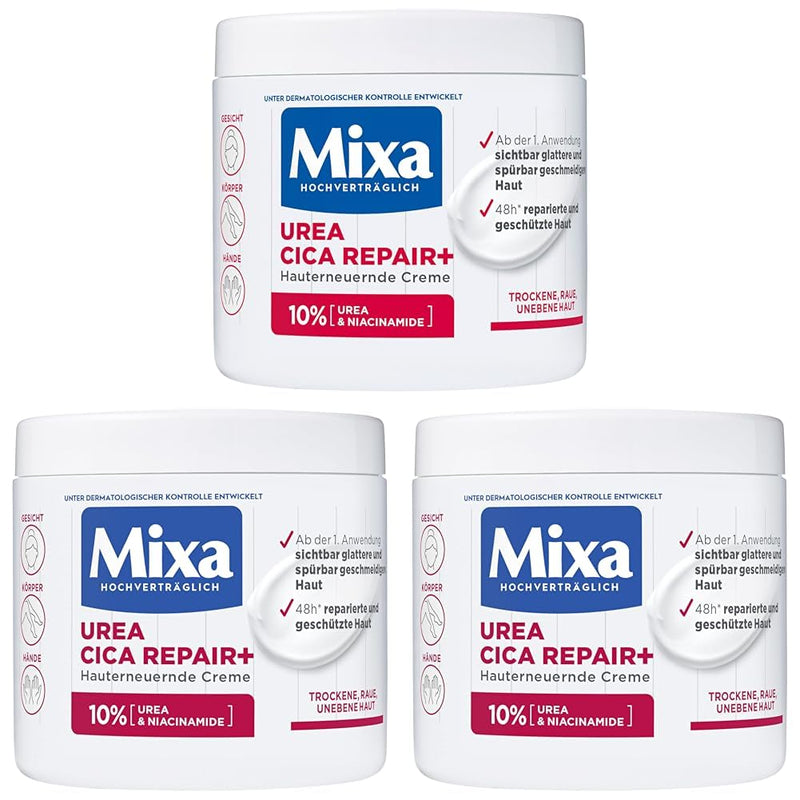 Mixa Urea Cica Repair+ Set: 3er Pack | Hauterneuernde Creme (3x400ml) | Gegen trockene, rissige & irritierte Haut | Mit Urea & Niacinamide| Für Gesicht, Körper & Hände | Zieht schnell ein