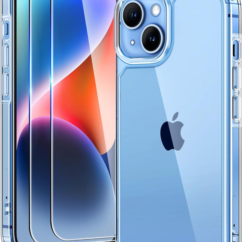 TAURI 3 in 1 for iPhone 16 Case 6.1 Inch with 2 Pieces Tempered Glass Screen Protector, Military Standard Protection, [Anti-Yellowing] Shockproof Transparent Mobile Phone Case - Transparent