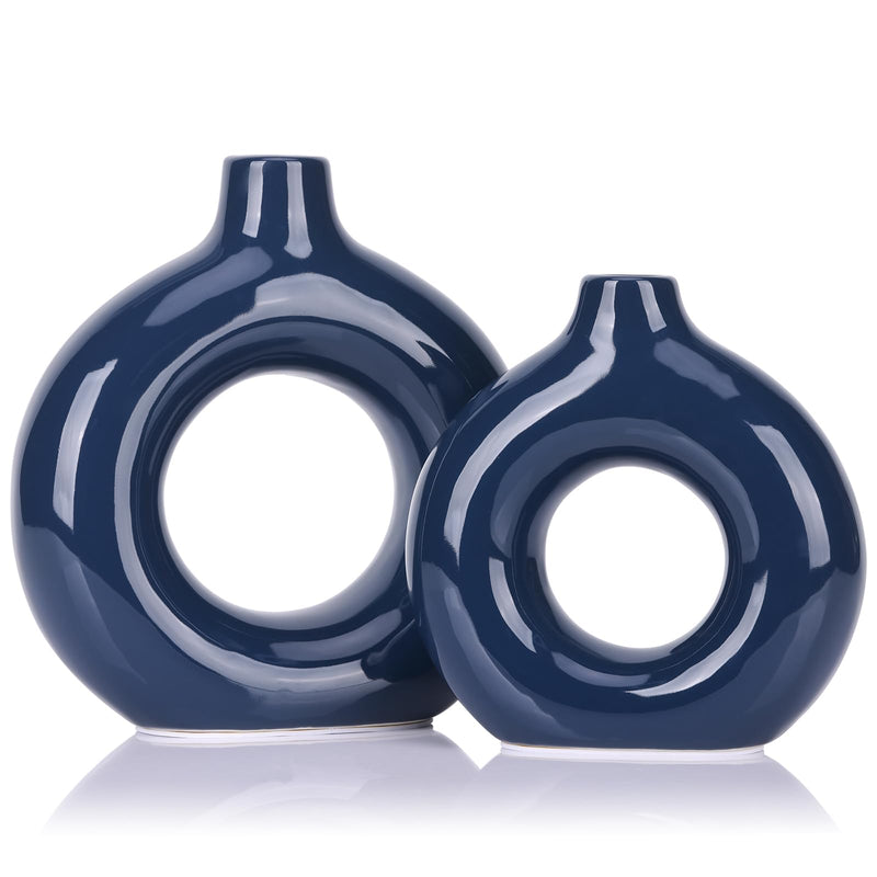 Donut Vases, Circular Matte Ceramic Vase for Entryway, Living Room, Bedroom, Dining Table, Table Decor, Office, Home Decor, Black, Set of 2