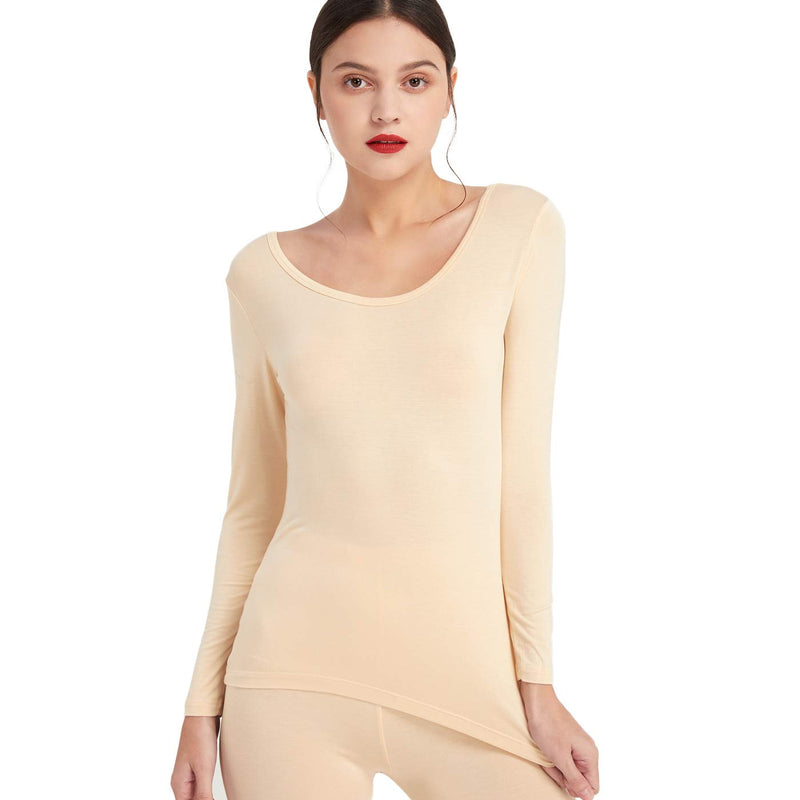 Mcilia Women's Ultra Thin Thermal Base Layer Modal Shirt with Deep Crew Neck