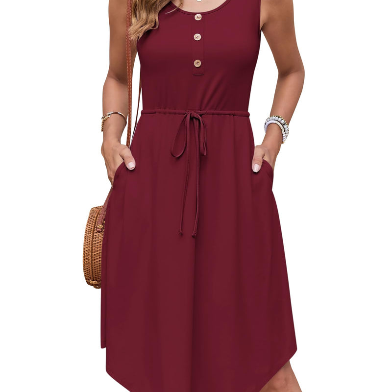 AUSELILY Summer Dresses Women's Lightweight Sleeveless Drawstring High Waist Beach Dresses Knee-Length Button-Down Midi Dress Tunic Dress Elegant Casual Dress with Pockets
