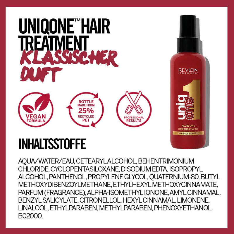 UniqOne Hair Treatment Classic, 150 ml, Spray Treatment for More Volume, Smoothness & Easier Combing, Hair Care without Rinsing, Spray Helps Prevent Split Ends