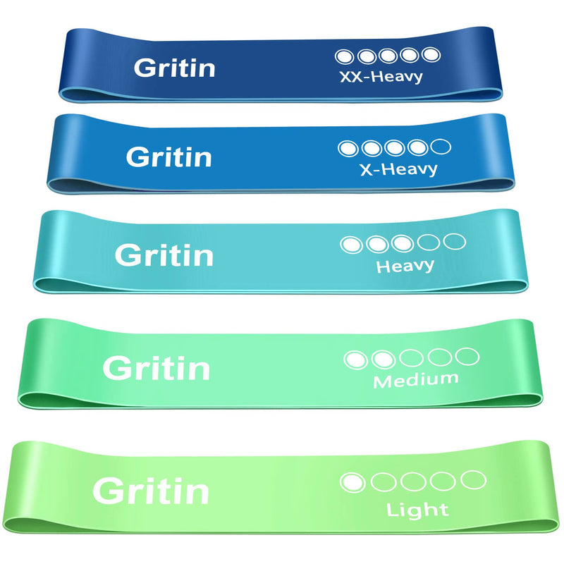 Gritin Fitness Bands [Set of 5] Resistance Bands with 5 Levels, 100% Latex Fitness Band Resistance with German Exercise Instructions and Carry Bag, Gymnastics Band for Muscle Building, Yoga