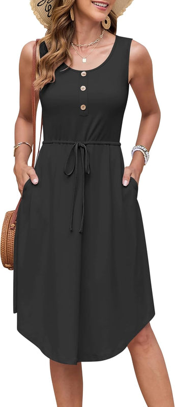 AUSELILY Summer Dresses Women's Lightweight Sleeveless Drawstring High Waist Beach Dresses Knee-Length Button-Down Midi Dress Tunic Dress Elegant Casual Dress with Pockets
