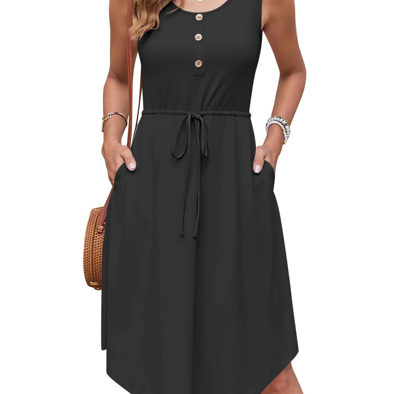 AUSELILY Summer Dresses Women's Lightweight Sleeveless Drawstring High Waist Beach Dresses Knee-Length Button-Down Midi Dress Tunic Dress Elegant Casual Dress with Pockets