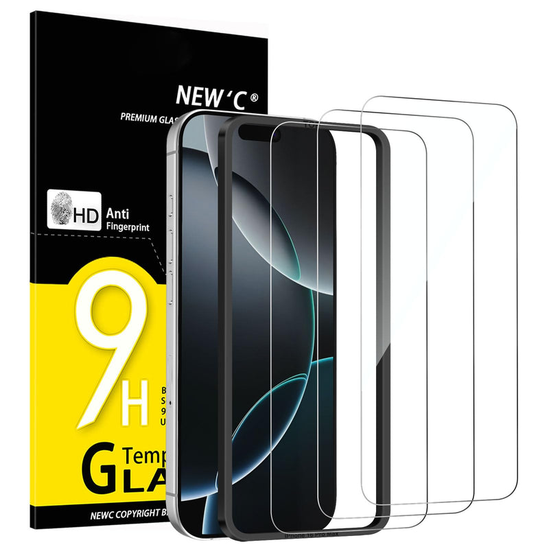 NEW'C Pack of 3 for iPhone 16, iPhone 15 for tempered glass (6.1 inches), free from scratches, 9H hardness, HD screen protector, ultra clear, ultra-resistant, easy installation tool included
