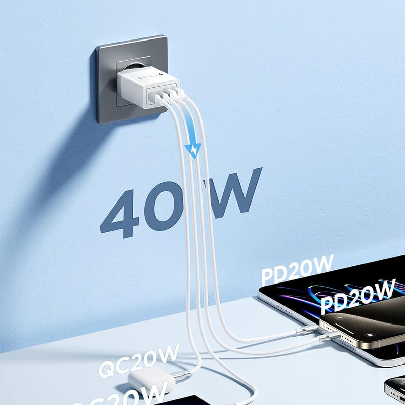 Aioneus USB C Charger, 4 Ports Multiple Charger with USB C and USB A, 40 W Fast Charger, PD 3.0 Power Adapter, USB Power Supply for iPhone 15/14 Pro Max/13/12/11/SE 2020/XS/XR/8/7, Samsung Phones