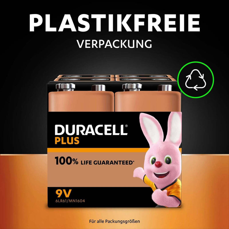 Duracell Plus 9 V Block Alkaline Batteries 6LR61 MN1604 Pack of 4