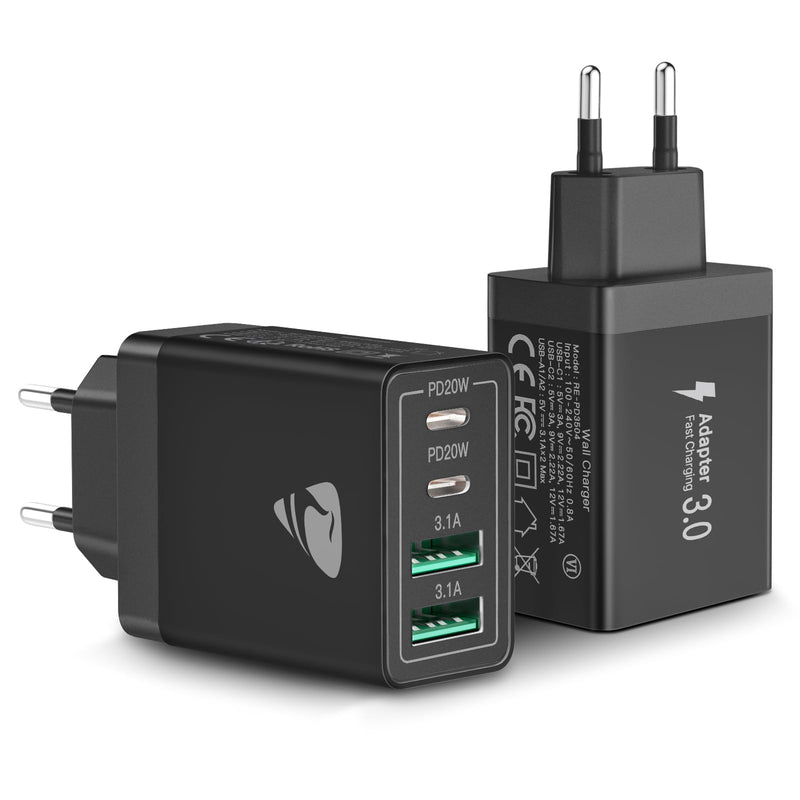 Aioneus USB C Charger, 4 Ports Multiple Charger with USB C and USB A, 40 W Fast Charger, PD 3.0 Power Adapter, USB Power Supply for iPhone 15/14 Pro Max/13/12/11/SE 2020/XS/XR/8/7, Samsung Phones