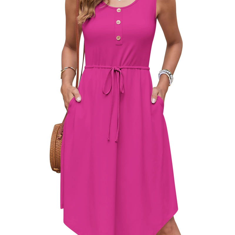 AUSELILY Summer Dresses Women's Lightweight Sleeveless Drawstring High Waist Beach Dresses Knee-Length Button-Down Midi Dress Tunic Dress Elegant Casual Dress with Pockets
