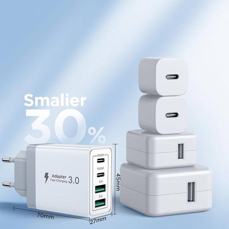 Aioneus USB C Charger, 4 Ports Multiple Charger with USB C and USB A, 40 W Fast Charger, PD 3.0 Power Adapter, USB Power Supply for iPhone 15/14 Pro Max/13/12/11/SE 2020/XS/XR/8/7, Samsung Phones