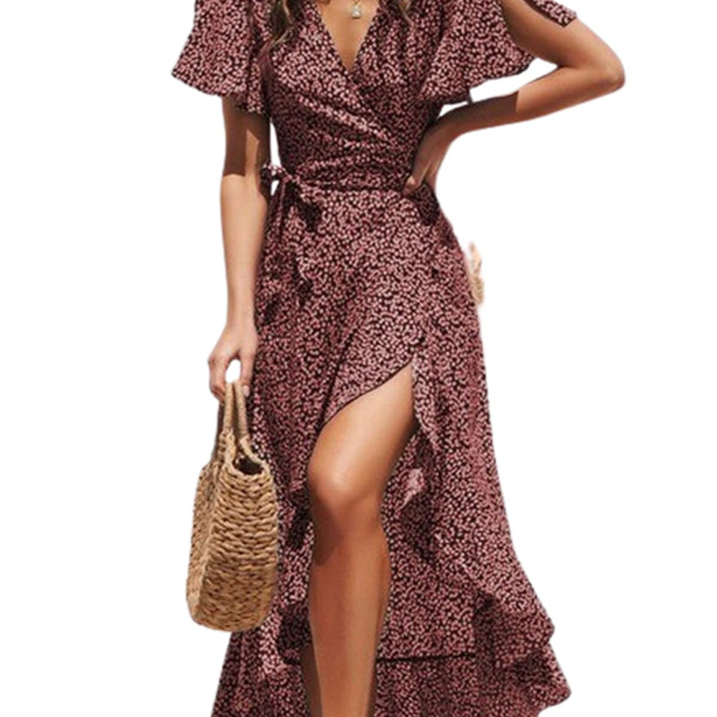 CUPSHE Women Summer Maxi Dress Casual Split Sleeve V Neck Ruffle Beach Dress Black L, black