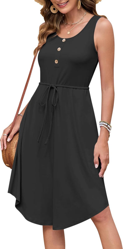 AUSELILY Summer Dresses Women's Lightweight Sleeveless Drawstring High Waist Beach Dresses Knee-Length Button-Down Midi Dress Tunic Dress Elegant Casual Dress with Pockets