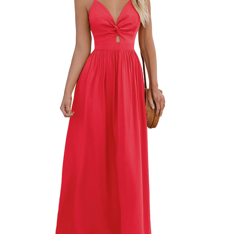 CUPSHE Damen Sommerkleid Boho V Ausschnitt Ärmellos Standkleid Twist Front Freizeitkleider Urlaub Maxi Dress
