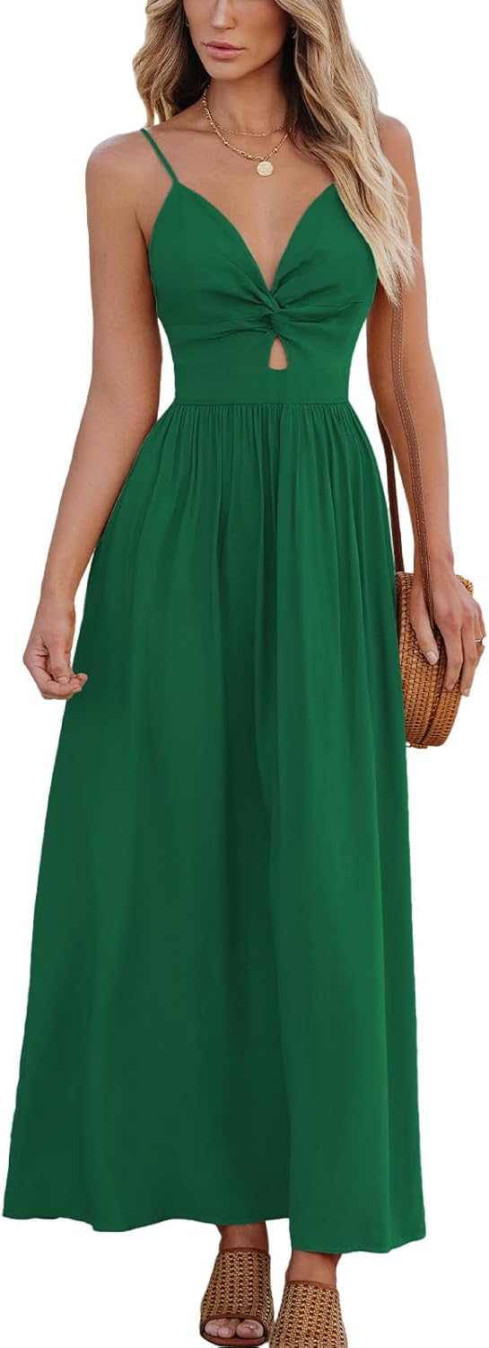 CUPSHE Damen Sommerkleid Boho V Ausschnitt Ärmellos Standkleid Twist Front Freizeitkleider Urlaub Maxi Dress