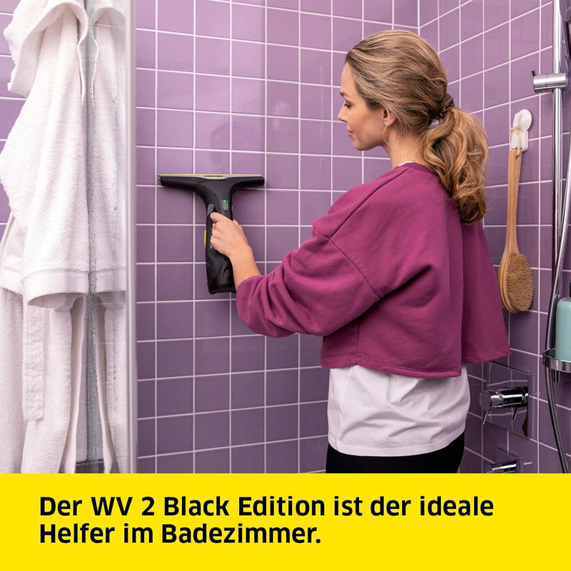 Kärcher Battery Window Vacuum Cleaner WV 2 Black Edition (Battery Life: 35 min, LED-Charge Status Display, 2 Suction Nozzles, Spray Bottle With Microfiber Cover, 20 ml Window Cleaner Concentrate