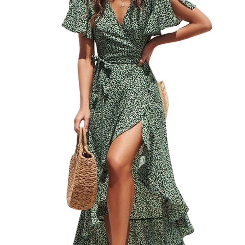 CUPSHE Women Summer Maxi Dress Casual Split Sleeve V Neck Ruffle Beach Dress Black L, black