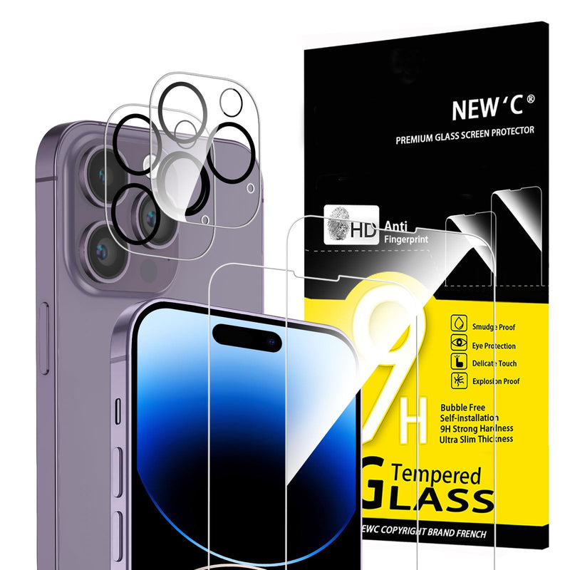 NEW'C Tempered Glass Screen Protector for iPhone 16 Pro, 6.3 Inch (2 Pieces) and 2 x Camera Armoured Protection for Camera Protection (Pack of 2), Scratch-Resistant, Extremely Durable, 9H Hardness