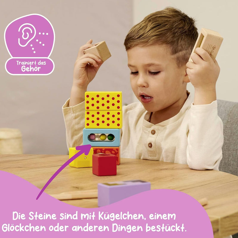 Eichhorn Building Blocks with Sound, 12 Colourful, Sound-Producing Wooden Blocks, for Children and Babies Aged 12 Months and Older, Wooden, 100002240, Multicoloured