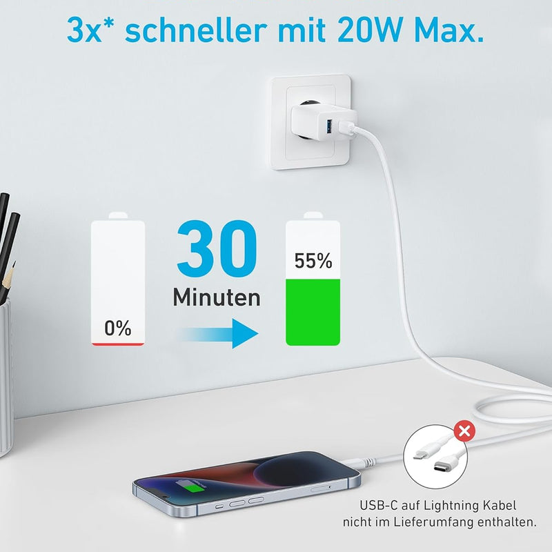Anker 20 W USB C Charger, iPad Power Supply, USB Fast Charging Power Supply, iPad Charger, Compatible with iPhone 16/15/iPhone 15 Plus/iPhone 15 Pro/iPhone 15 Pro Max/iPad and More (with 150 cm USB-C