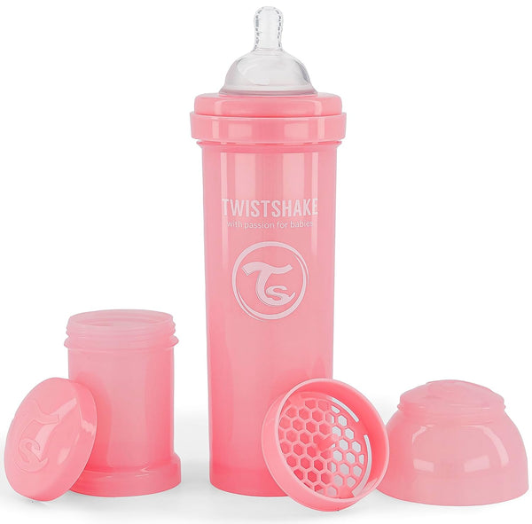 Twistshake Anti-colic Baby Bottle with Milk Powder Container and Mixer - 330 ml | Silicone Nipple with Fast Flow | BPA-Free | Suitable for Babies from 4 Months | Pink