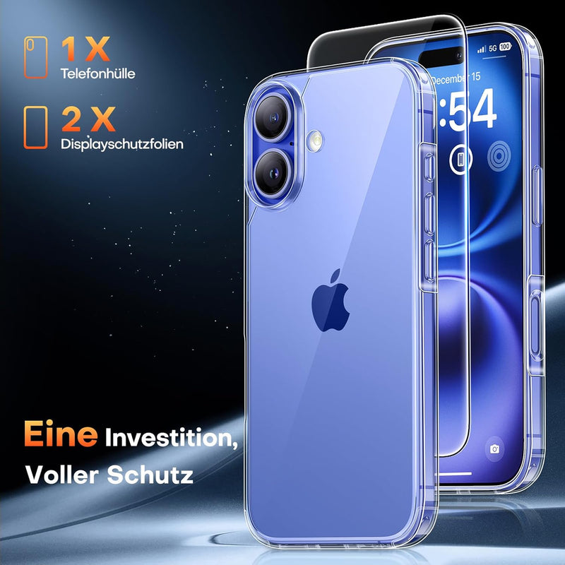 TAURI 3 in 1 for iPhone 16 Case 6.1 Inch with 2 Pieces Tempered Glass Screen Protector, Military Standard Protection, [Anti-Yellowing] Shockproof Transparent Mobile Phone Case - Transparent