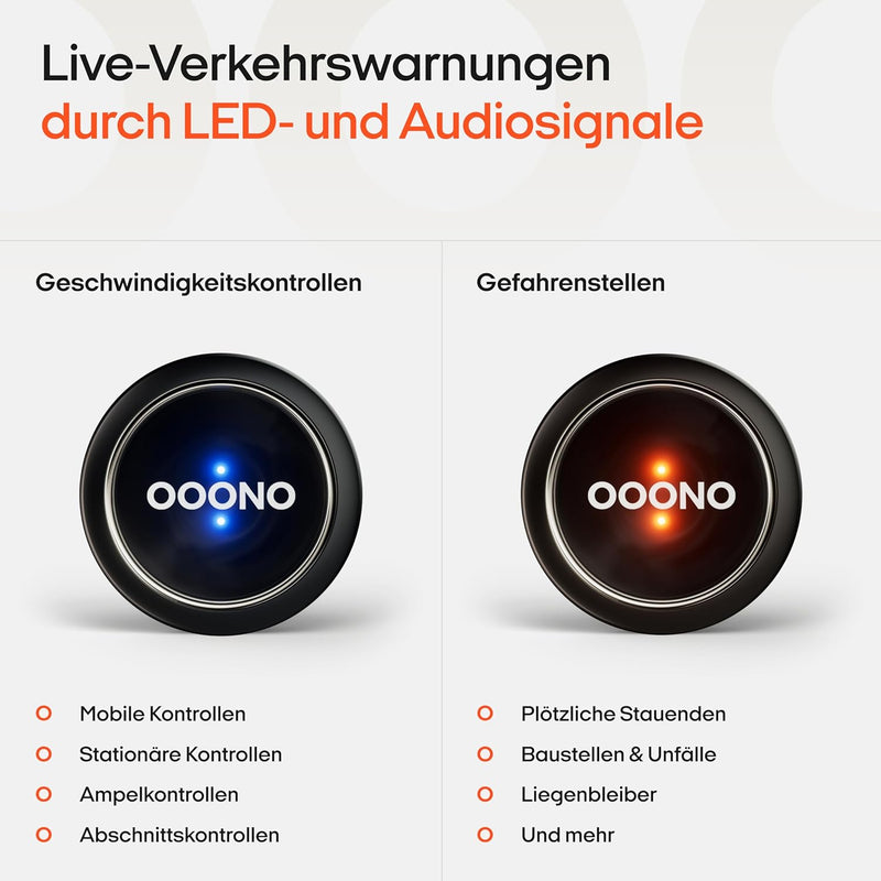 ooono traffic alarm: Warns about speed cameras and hazards in road traffic in real time, automatically active after connection to smartphone via Bluetooth, data from Blitzer.de