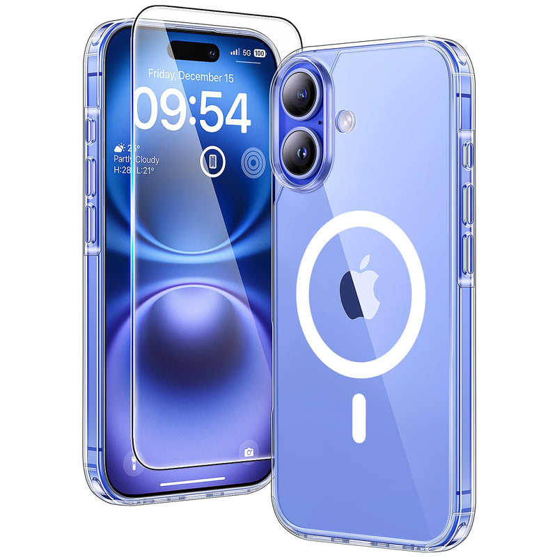 TAURI 3 in 1 for iPhone 16 Case 6.1 Inch with 2 Pieces Tempered Glass Screen Protector, Military Standard Protection, [Anti-Yellowing] Shockproof Transparent Mobile Phone Case - Transparent