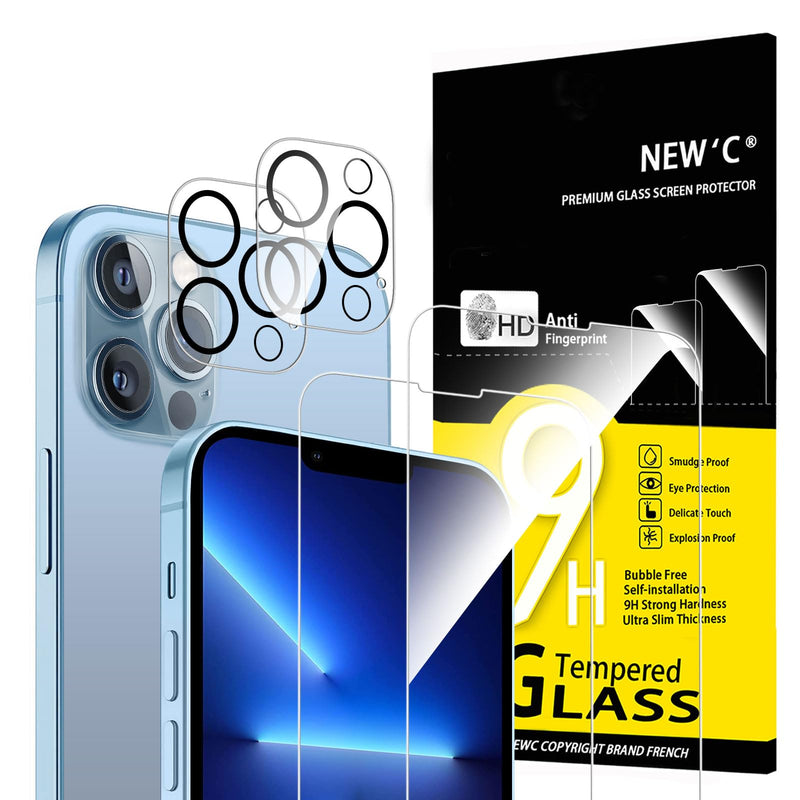 NEW'C Tempered Glass Screen Protector for iPhone 16 Pro, 6.3 Inch (2 Pieces) and 2 x Camera Armoured Protection for Camera Protection (Pack of 2), Scratch-Resistant, Extremely Durable, 9H Hardness